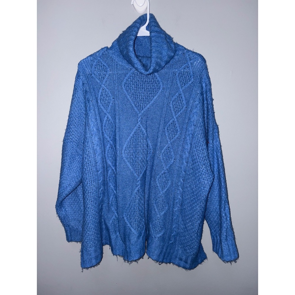 Aerie Blue Cable Knit Turtleneck Sweater Womens Medium Side Slit Pullover
